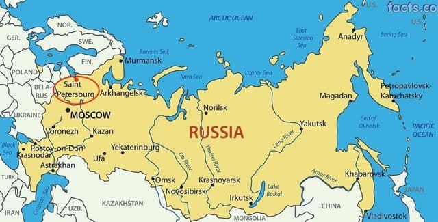 St Petersburg on Russia map